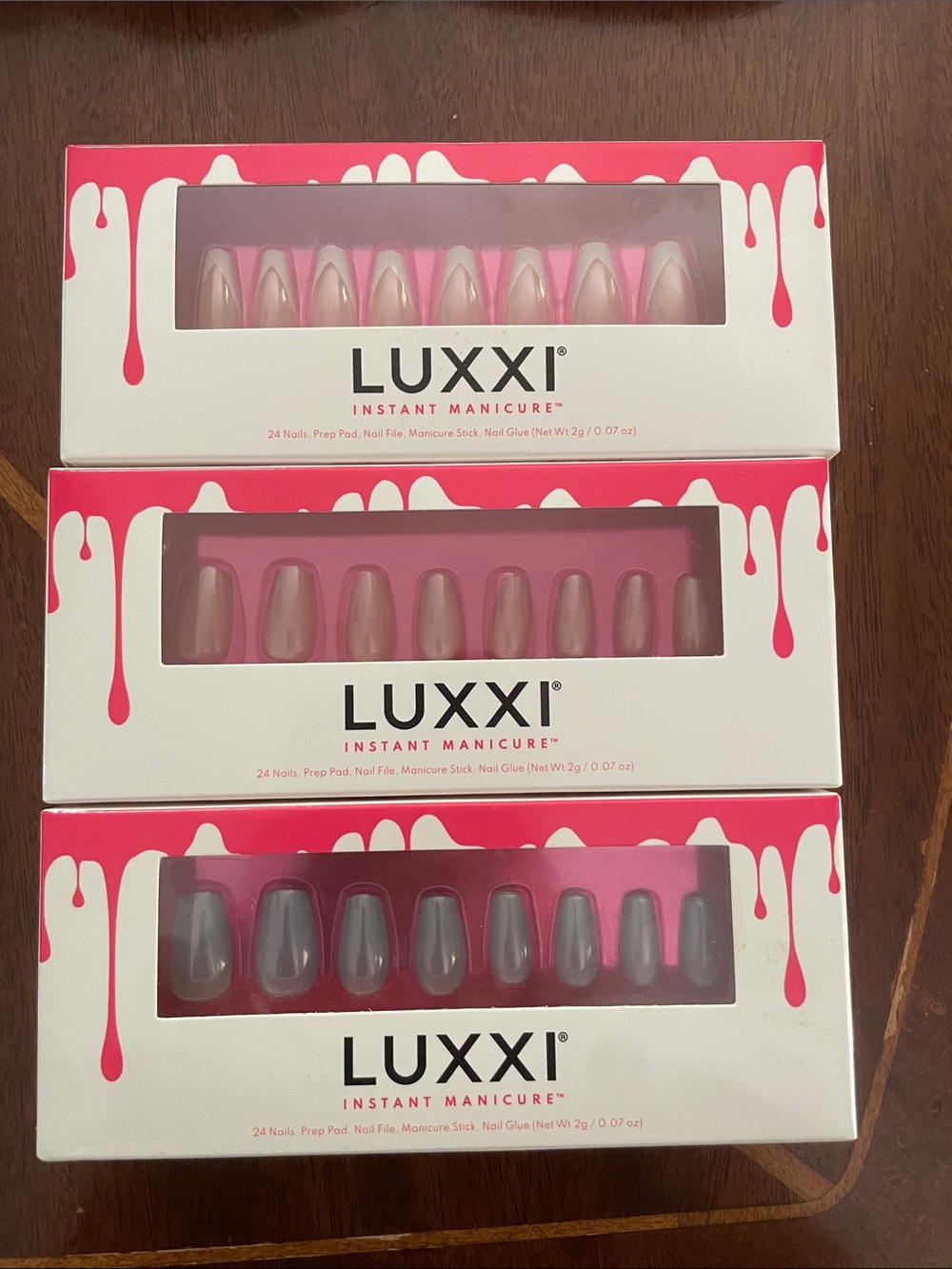 LUXXI Press-On Nails Trio Pack — Pink, Nude & Gray Instant Manicure